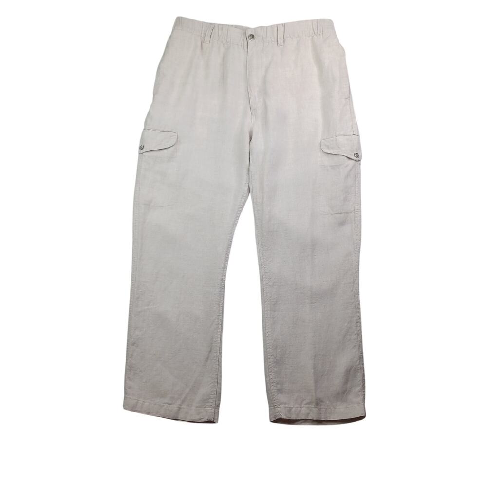 Caribbean 100% Linen Cargo Pants Men's 36x30 Beige Drawstring Coastal Straight